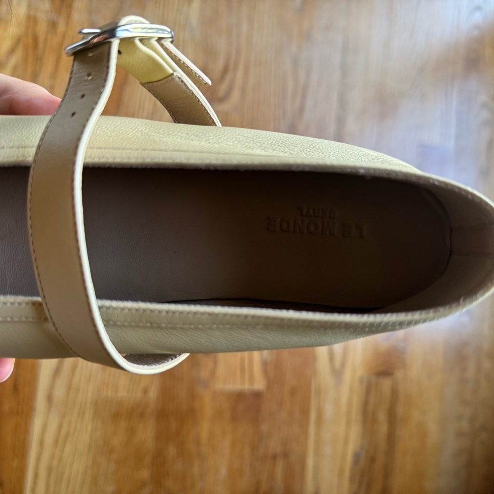 Pale Yellow Mary Jane Leather Flats with Buckle Strap - Picture 3 of 6